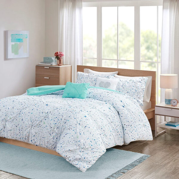 Abby Metallic Printed and Pintucked Duvet Cover Set in Aqua blue Twin / Twin XL