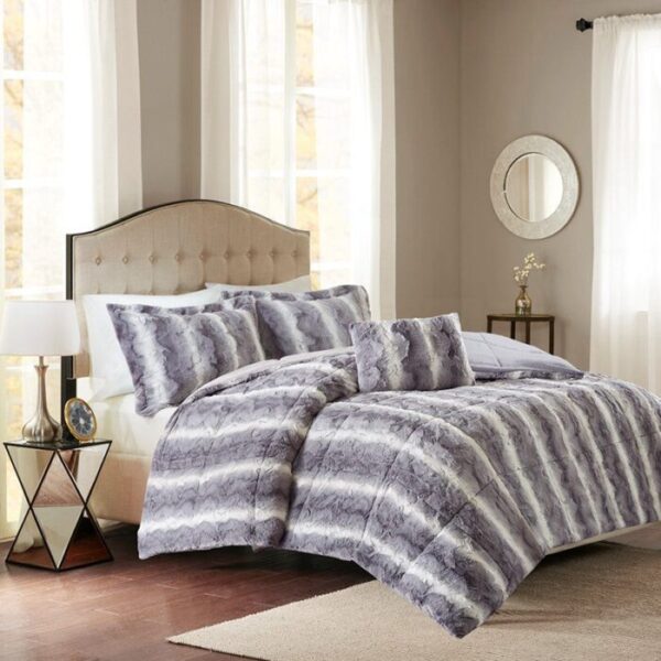 Madison Park Zuri Faux Fur Comforter Set in Grey, Full / Queen MP10-3076 - Image 4