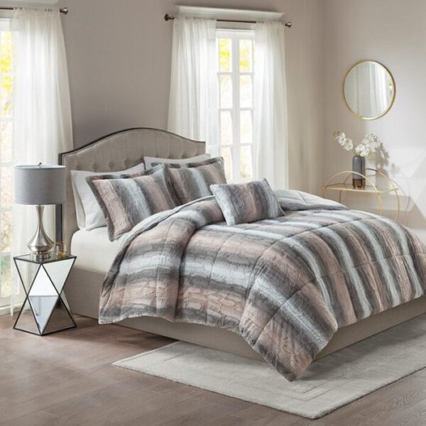 Madison Park Zuri Faux Fur Comforter Set in Blush / Grey, Full / Queen MP10-6294 - Image 4